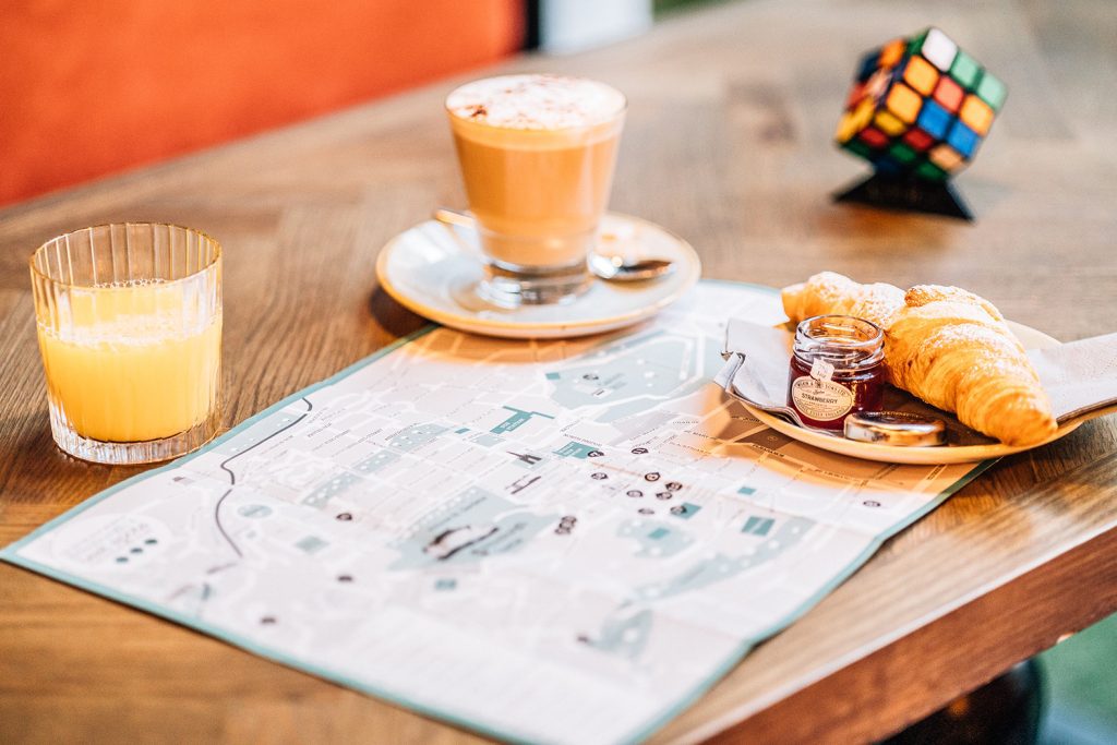 Coffee and pastry with a rubix cube
